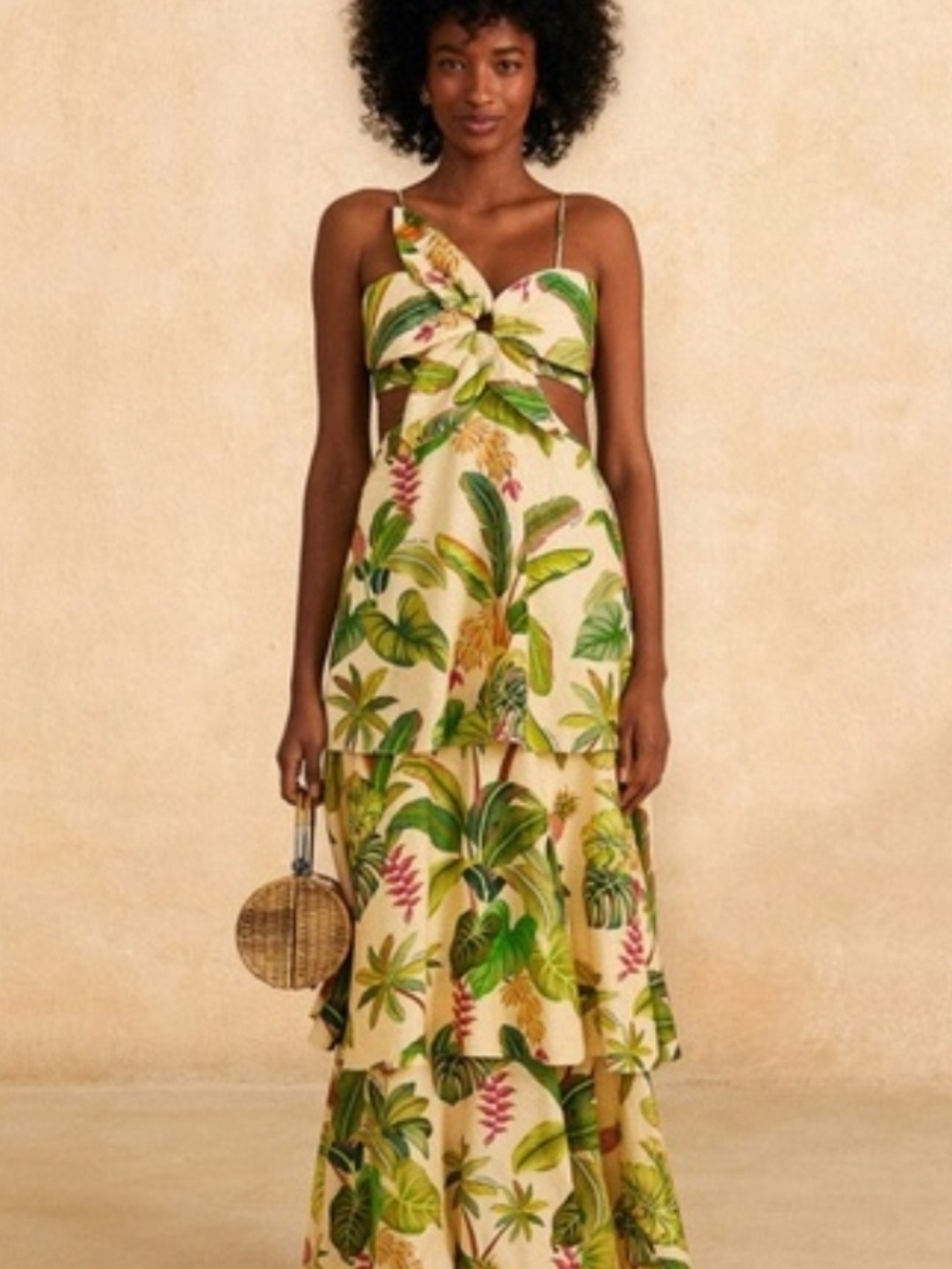 FARM Rio Cream Maxi Dress with Green Tropical Print